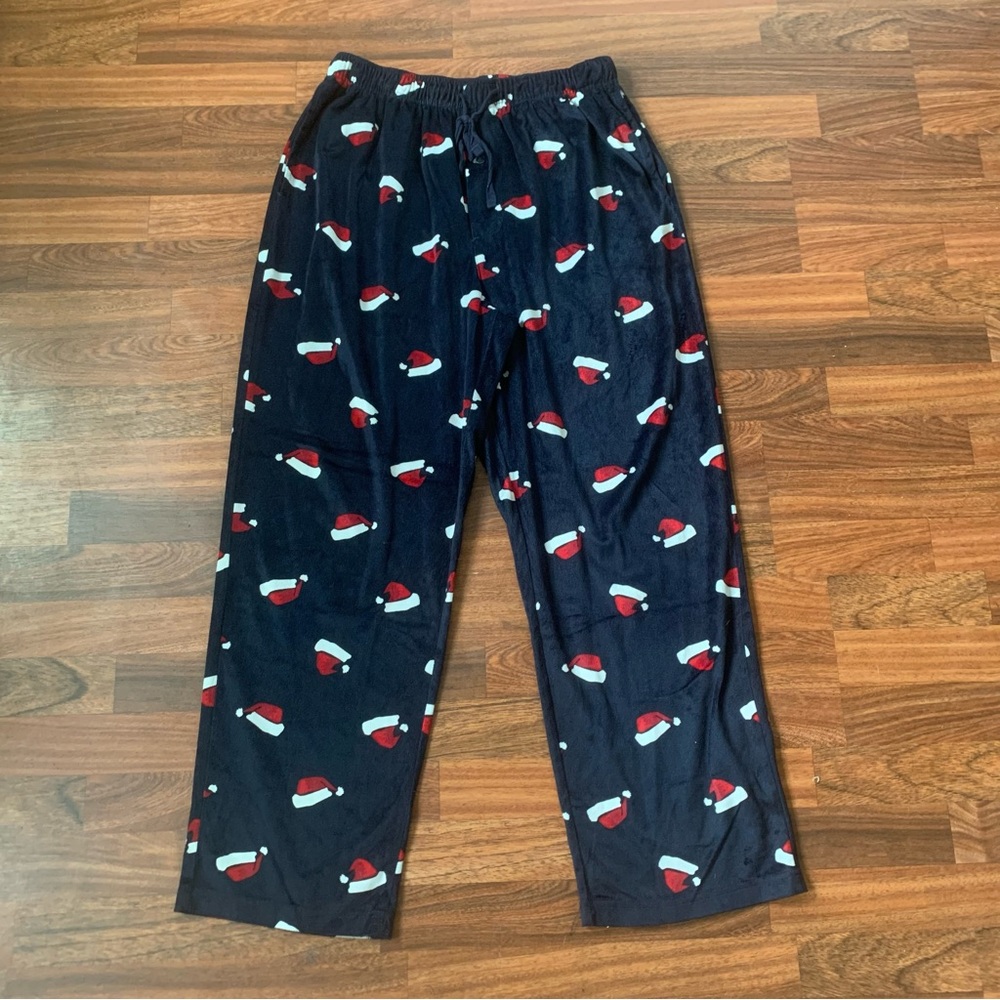 Christmas Holiday Pajama Lounge Pants Men’s Large Navy Santa Hats Festive Sleep